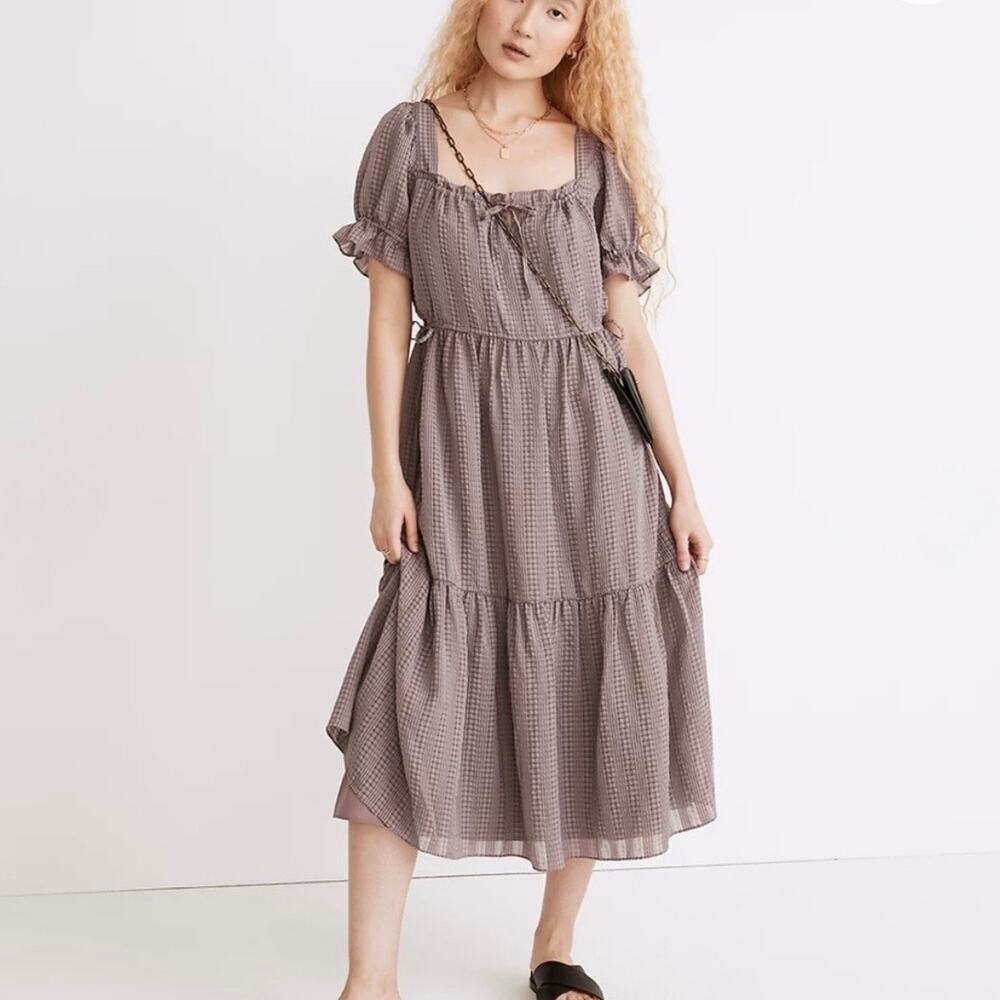 Madewell Mauve Check Puff-Sleeve Midi Dress